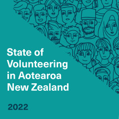 Turquoise square with cartoon figures in top right corner. Text says State of Volunteering in Aotearoa New Zealand 2022