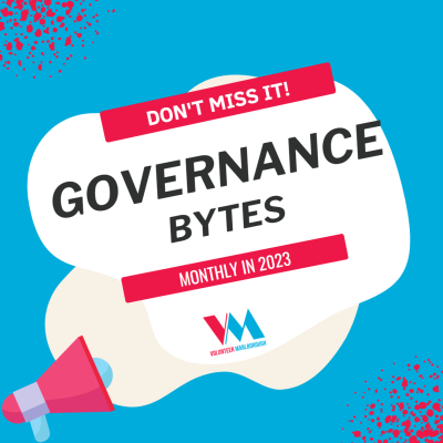 advertisement in red and blue for upcoming governance bytes workshop series. loudspeaker in lower left corner.