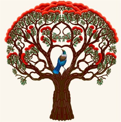 A tui sits in the centre of a beautiful red pohutukawa tree